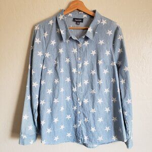 Modcloth Chambray Star Print Button Up Top Roll Tab Sleeve Blue Womens XL Cotton